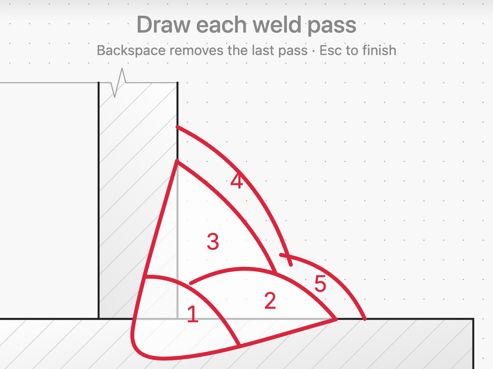 Weld passes drawn with the ink tool and numbered in Weldia Designer 2