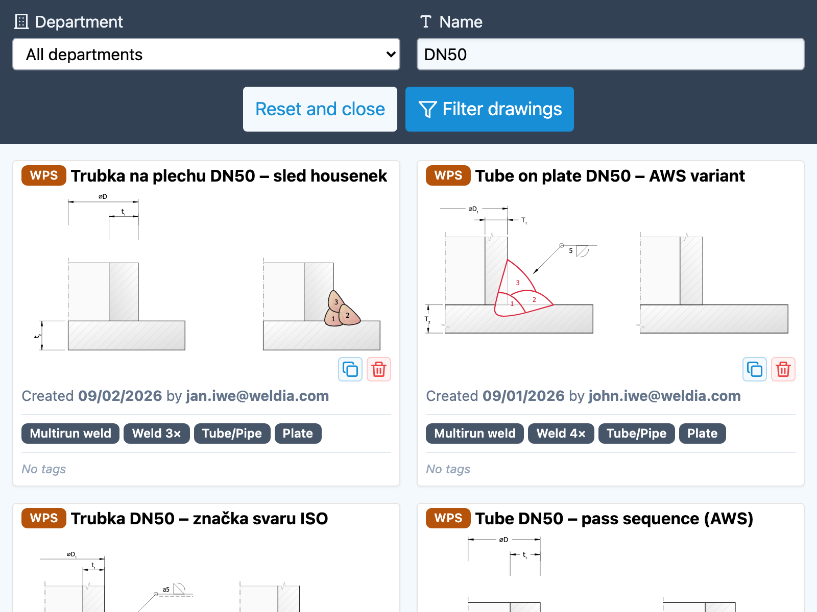 Drawing library with search in Weldia Designer 2