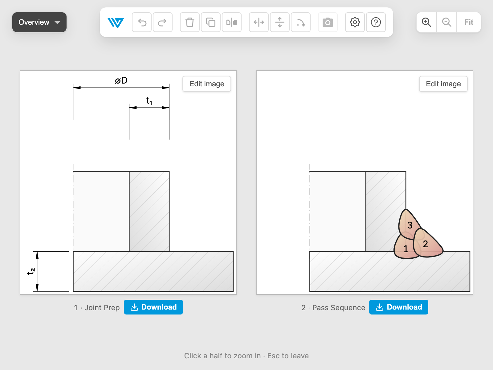 The overview with both images of a drawing side by side in Weldia Designer 2