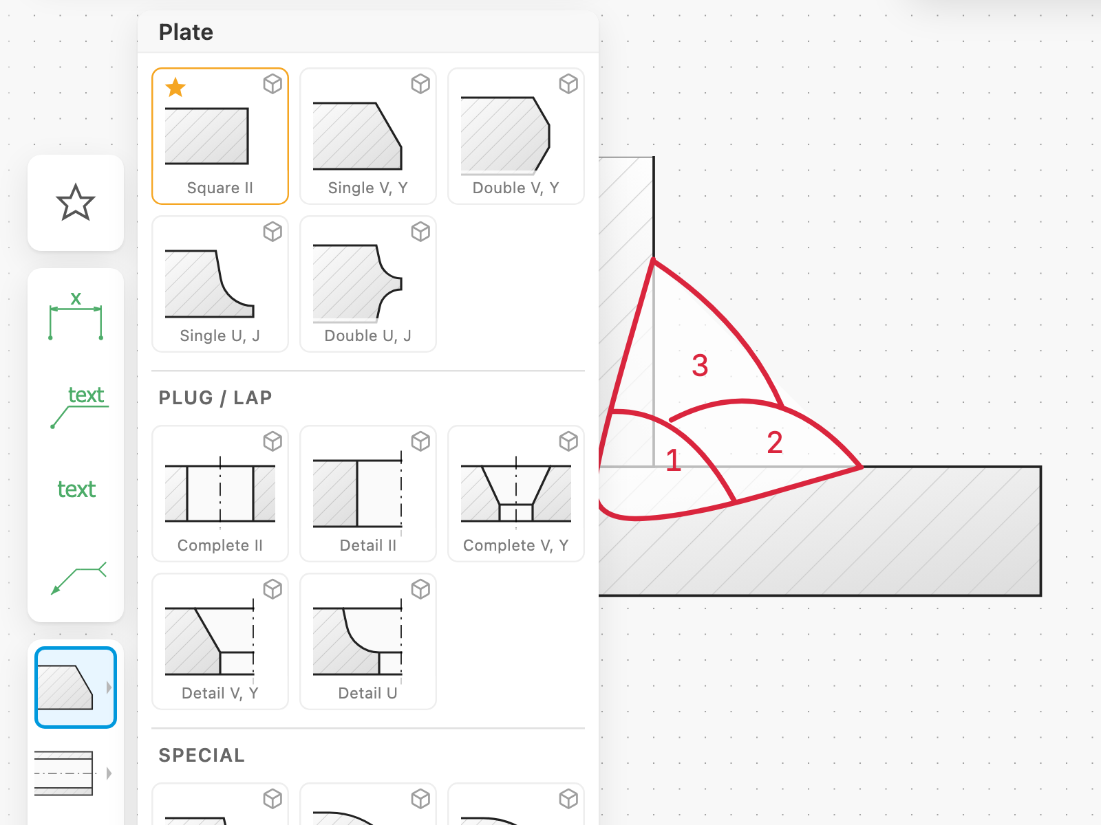 The object palette with the plate category open in Weldia Designer 2