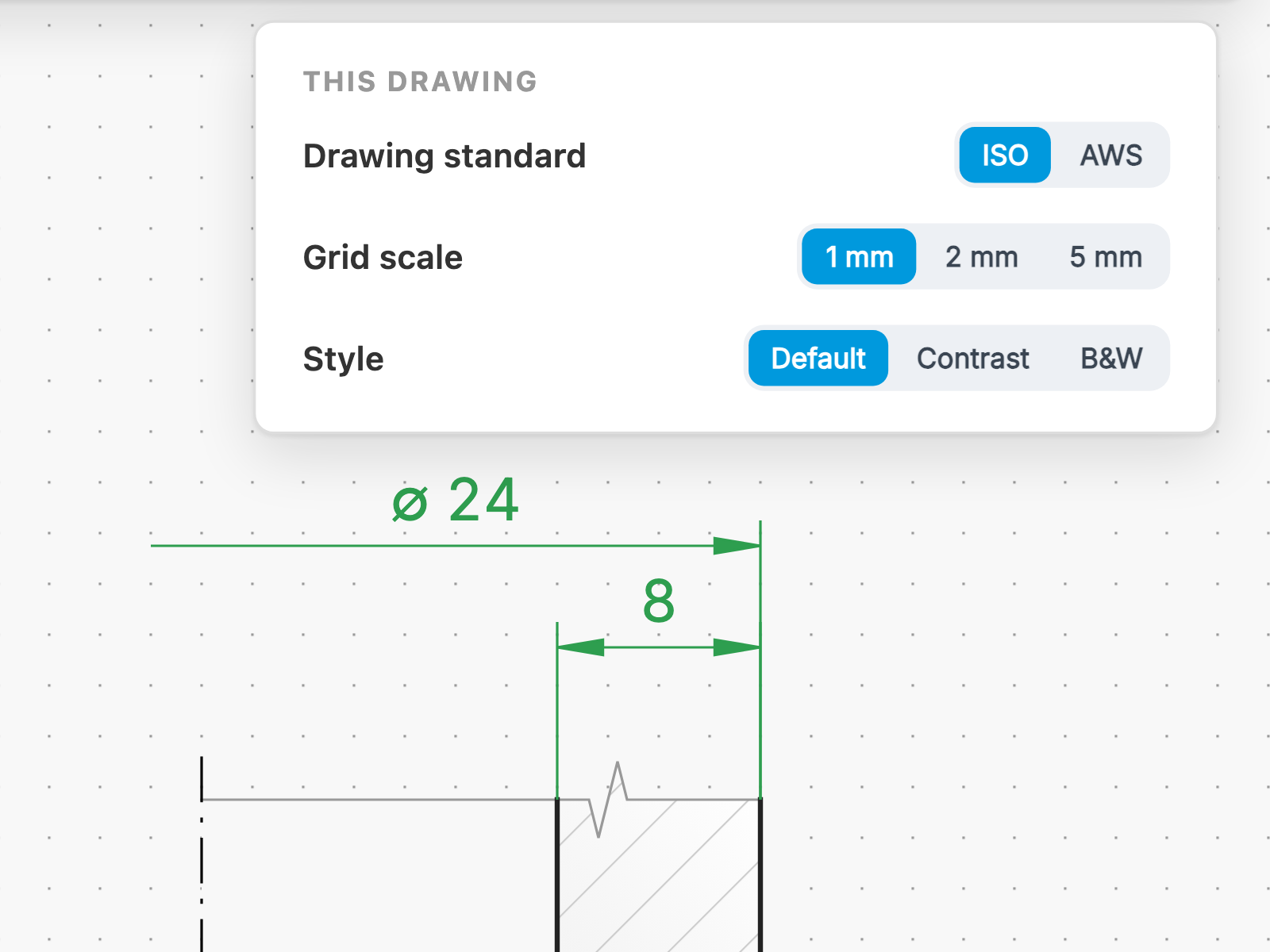 Settings panel with the drawing standard and grid scale next to a dimensioned joint in Weldia Designer 2