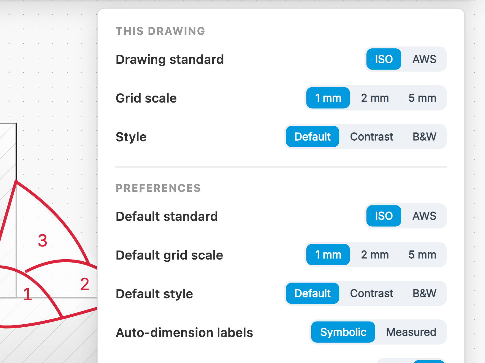 The settings panel in Weldia Designer 2, the group for this drawing