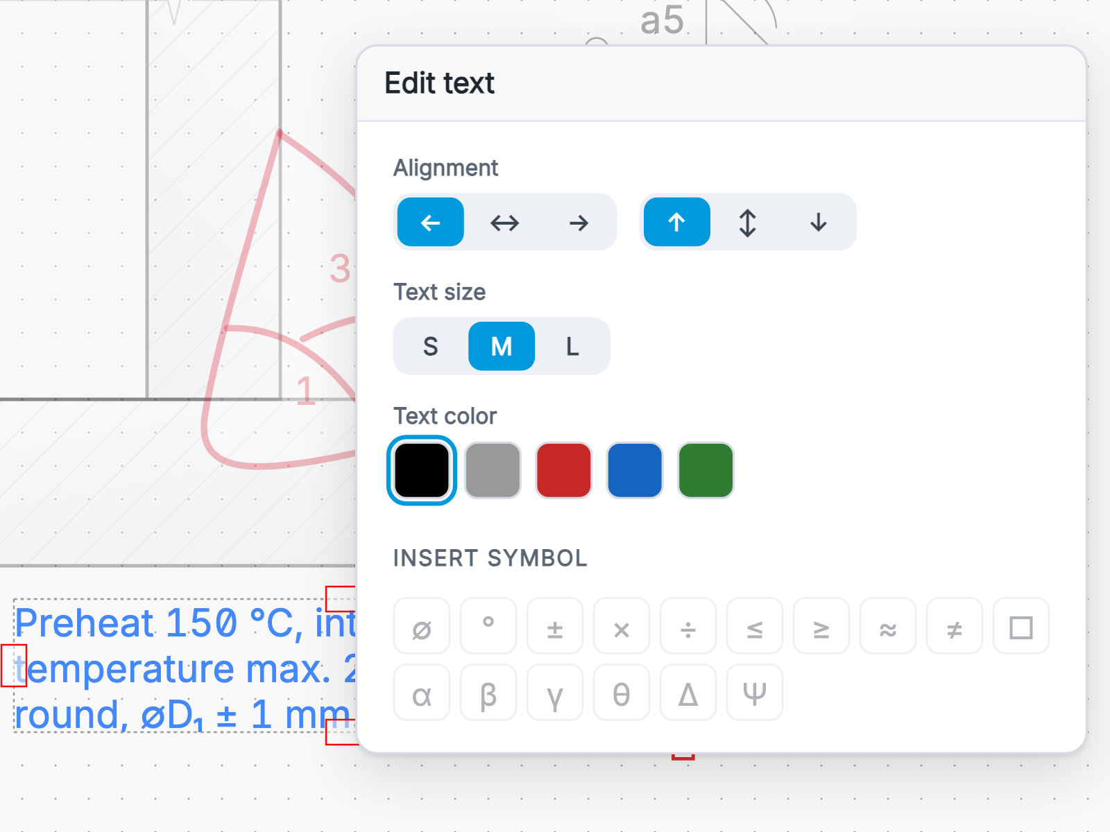 Text dialog open on a note under a joint in Weldia Designer 2