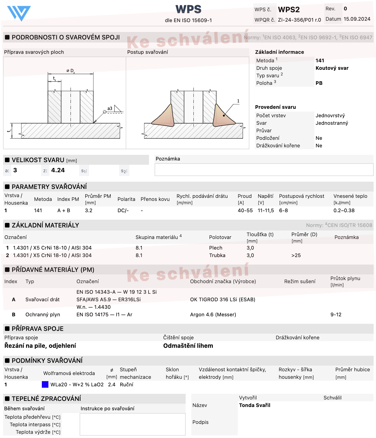 WPS document in the editor of Weldia WPS, the weld preparation and the welding sequence drawn in Designer